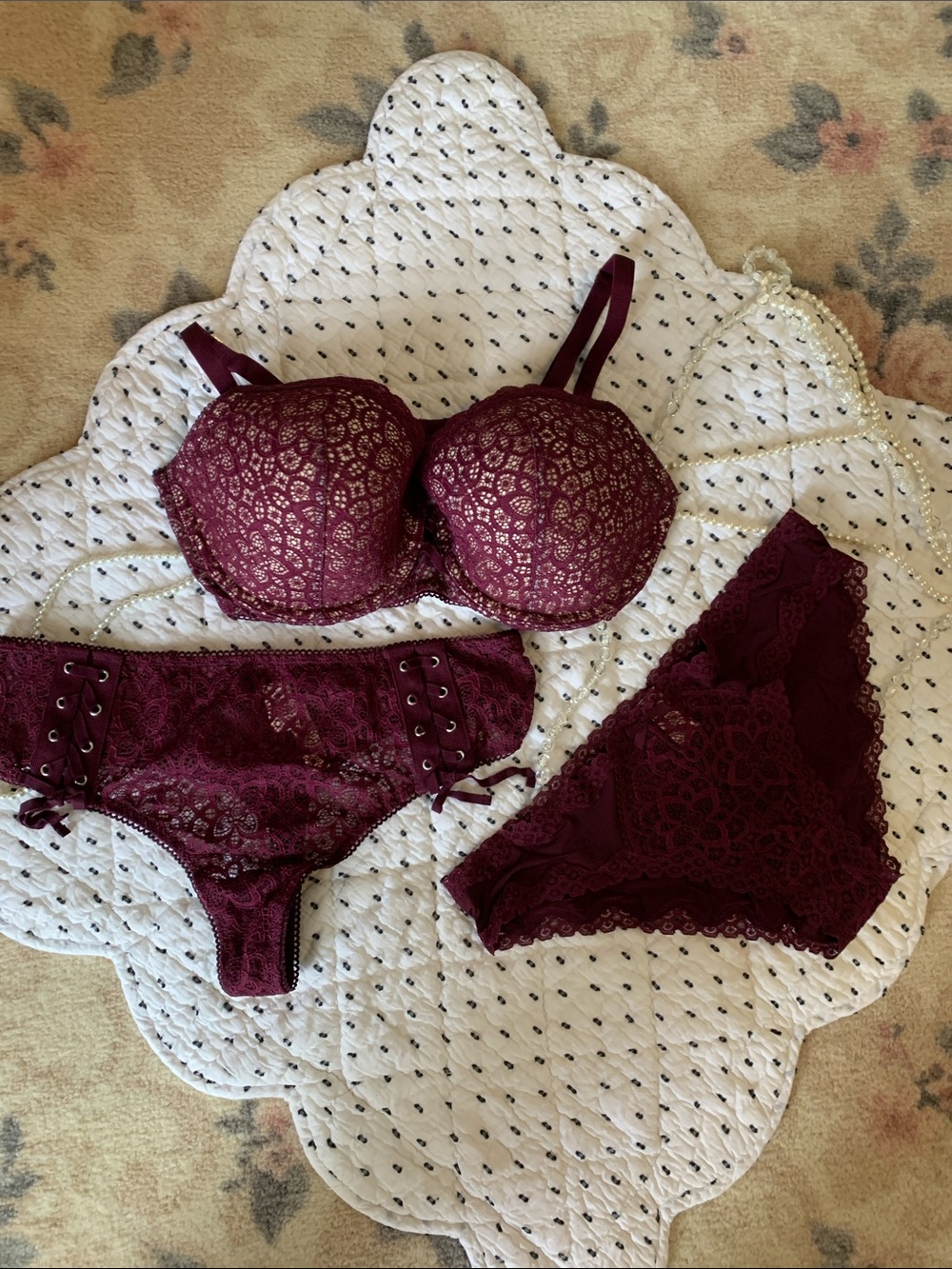 Women's Burgundy Lace Bra & Panty Set - Elegant Lace Intimates